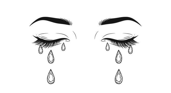Artistic representation of closed eyes with long eyelashes and large faceted diamond tears symbolizing sadness or beauty.