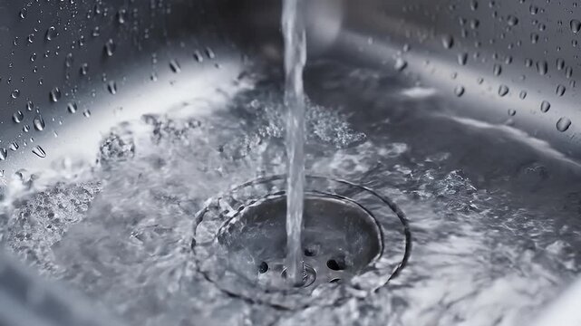 Clear water flows into a metal sink drain, creating splashes and ripples