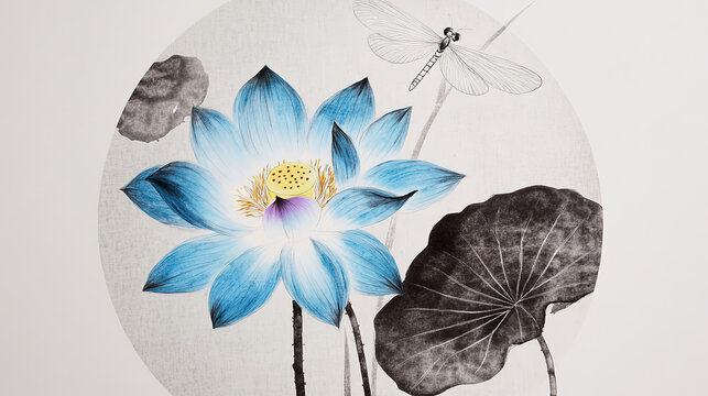 Round sumi e style blue lotus white dragonfly dark gray stem green grass blades