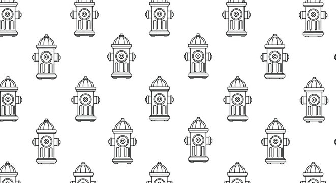 Symmetrical seamless pattern of black and white fire hydrant illustrations for fabric wallpaper and fire safety themed designs.