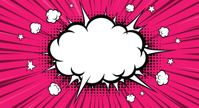 Vibrant pink comic book background with a large white explosive speech bubble halftone dots stars and dynamic motion lines.