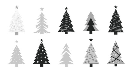Obraz premium Selection of stylized Christmas tree silhouettes and icons in various grey and black shades for holiday card designs and motifs.