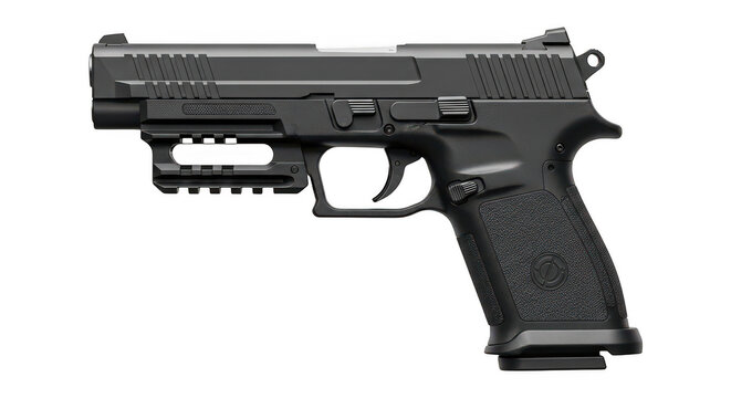 Modern black semi automatic handgun with tactical rail isolated on transparent background