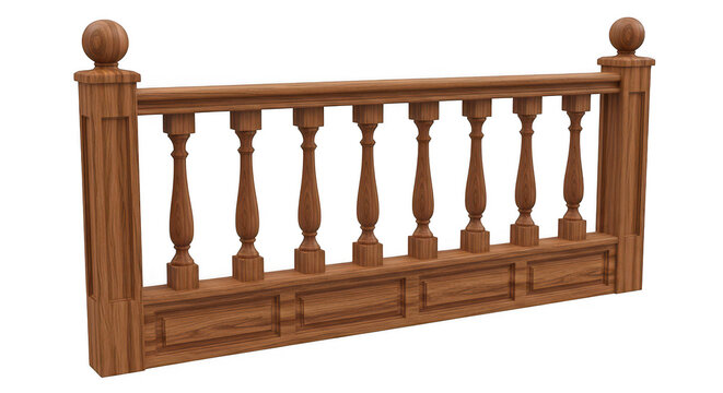 Decorative brown wooden railing with classic balusters for home staircase interior design isolated on transparent background