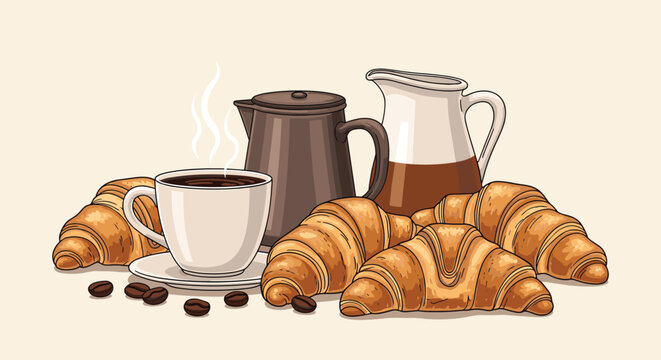 Delicious breakfast spread featuring a steaming cup of coffee, fresh croissants, a pitcher of milk, and coffee beans.