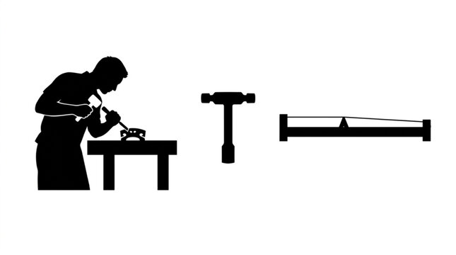 Traditional luthier carving violin bridge on workshop bench with chisel and mallet next to T-handle tuning wrench key and monocord monochord acoustic testing tool vector silhouette set