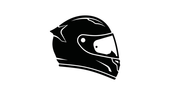 Black motorcycle helmet with white outline on a white background, profile view with visor and chin guard.