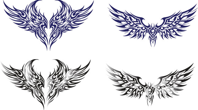 Decorative tribal angel wings emblem collection with gothic fantasy tattoo style isolated vector illustration design