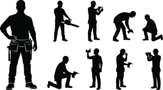 Construction worker and carpenter builder with tools black silhouette vector set isolated on white background