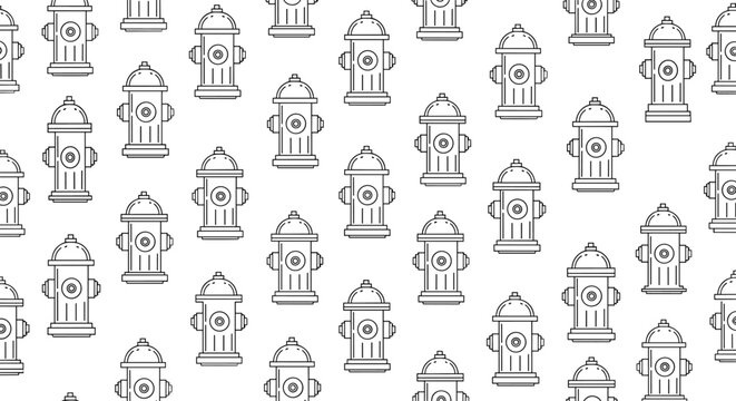 Seamless pattern showcasing a repeated sequence of fire hydrant line icons over a plain white background for safety themed designs.