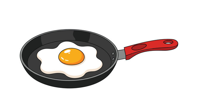 Single fried egg served inside a black frying pan with a bright red handle isolated on a white background for food or breakfast themes.