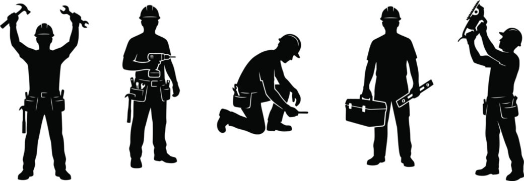 Construction worker silhouette set handyman builder holding tools vector flat illustration isolated on white background