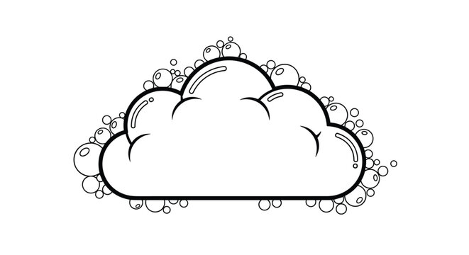 Stylized cloud shape formed by a mass of soap bubbles and foam in a black and white line drawing style for bath or laundry themes.