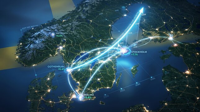 Sweden Tech Network &ndash; Glowing Connections & Night Map for Digital Art & Decor
