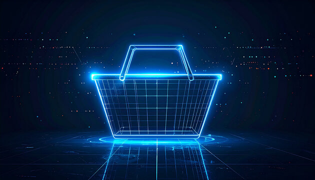 Glowing Blue Shopping Basket on Dark Grid Background