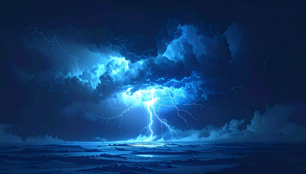 Electric stormy night with lightning over ocean waves