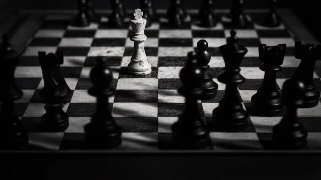 Close up of a worn white king chess piece on a black and white chessboard with strategic game focus
