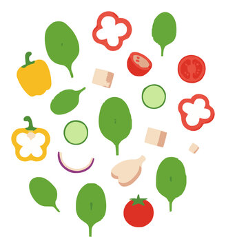 Spinach salad ingredients mid-air flat vector illust.... Generative AI