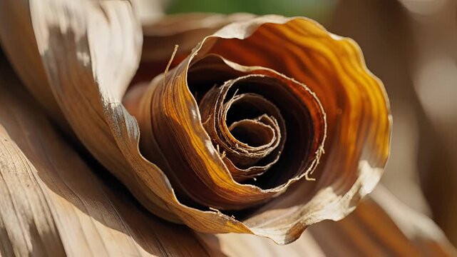 Closeup of a dry curled plant leaf forming a spiral pattern.