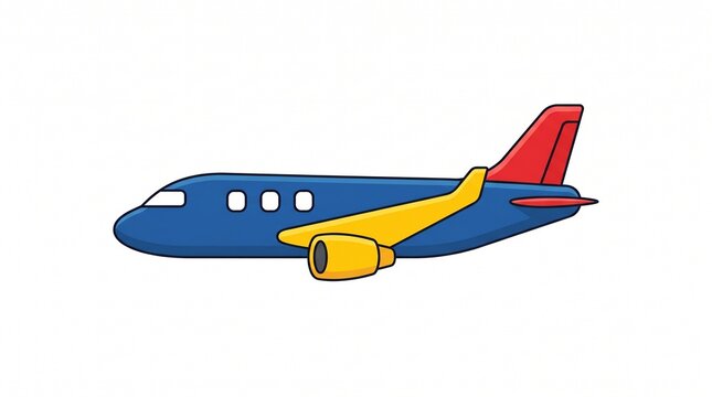A colorful cartoon airplane flying through a clear blue sky