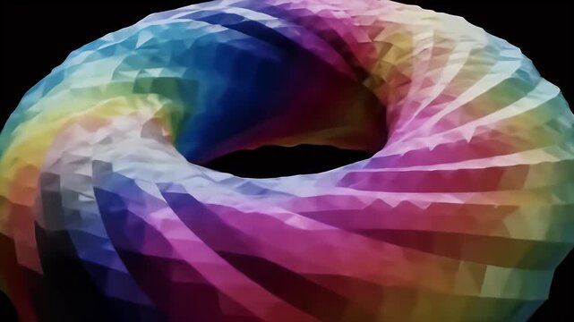 A vibrant, low-poly torus shape with a rainbow gradient against a black background