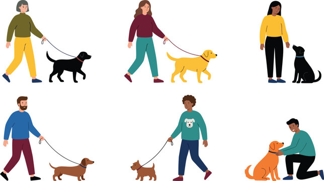 People walking dogs vector flat illustration set of diverse cartoon characters with pets isolated on white background