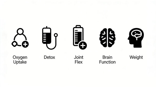 Circulation plus sign, infusion bag, battery plus sign, brain and head icon, representing oxygen uptake, detoxification, joint flexibility, brain function, and weight management.
