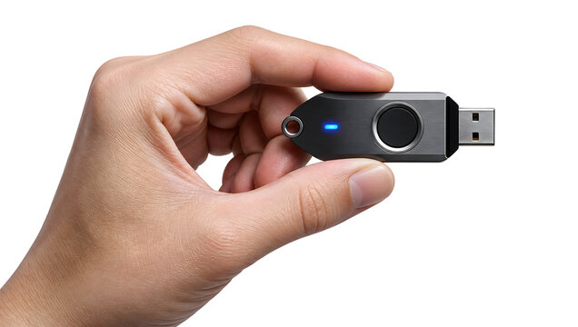 Professional hand holding a sleek minimalist metallic USB security token