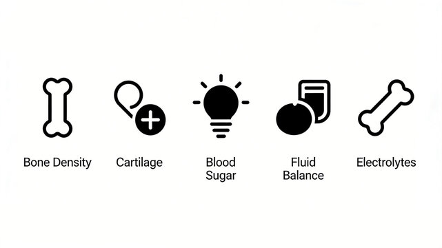 Bones, joint plus sign, light bulb, liquid bag and bone shape icon, bone density, cartilage health, blood sugar, fluid balance and electrolyte management, nutritional health.
