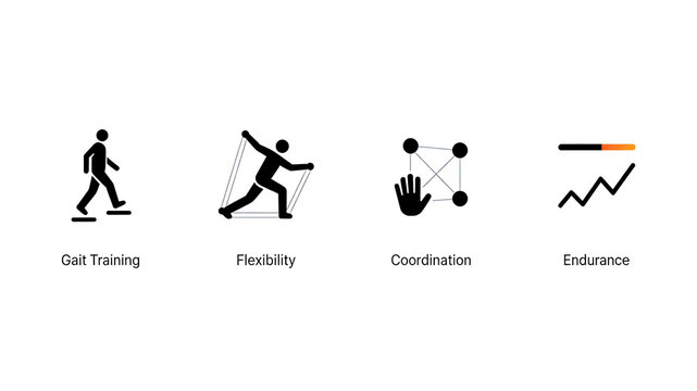 Walking figurines, stretching movements, hand and network, and rising line icons, gait training, flexibility improvement, and endurance enhancement, suitable for rehabilitation exercises.
