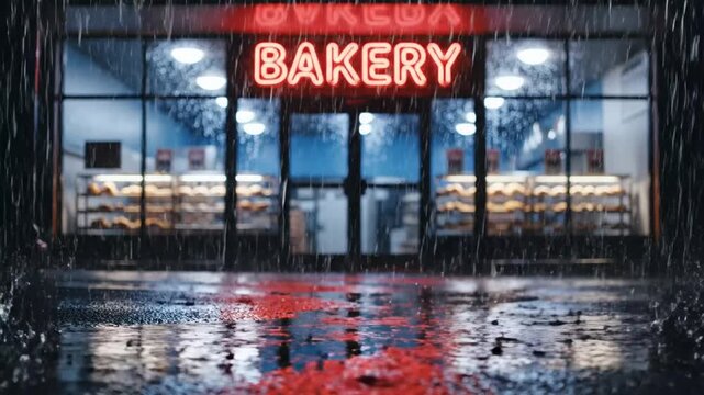Bakery neon sign and storefront reflecting on a wet rainy street at night.