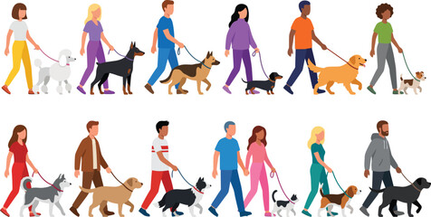 Set of diverse people walking their dogs flat illustration vector elements isolated on white background © VactorZone