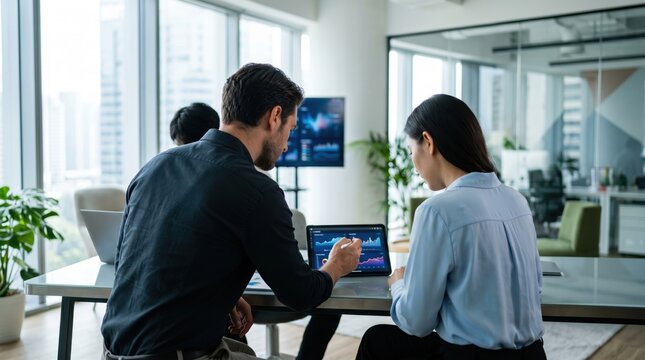 Man and woman seated at table analyzing financial performance charts on tablet in contemporary glass-walled office with blurred colleague and cityscape visible through windows.