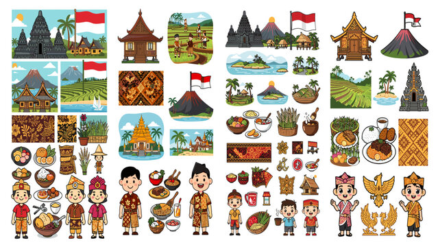 Indonesian Culture Vector Set With Traditional Food Temples And Costumes