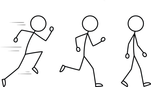 Stick figure running jogging and walking animation sequence vector icon set isolated on white background