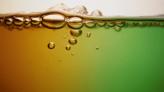 Dynamic close-up of effervescent bubbles rising and settling on the surface of vibrant liquids