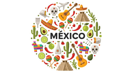 Fototapeta premium Colorful circular graphic featuring traditional Mexican symbols like sombreros, guitars, pinatas, and cacti.