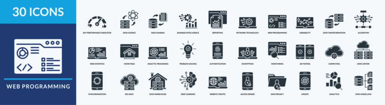 Web Programming icon set vector illustration. Containing icon of data science, problem solving, home page and more. Glyph solid icon symbol collection