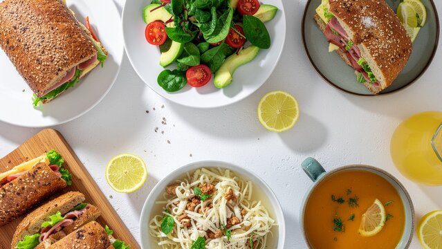 Healthy lunch spread with sandwiches soup and fresh salad. Delicious healthy lunch arrangement featuring sandwiches, soup, salads, and refreshing drinks on a bright dining table.