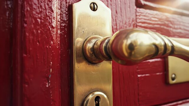 Close-up of a brass door handle and lock on a textured red wooden door