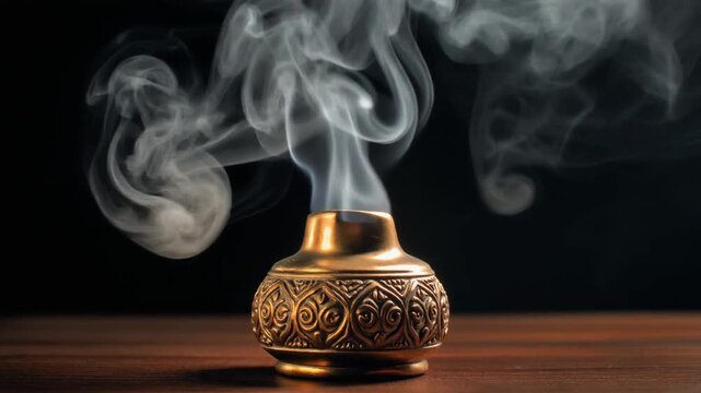 Graceful Smoke Rising from Ornate Golden Censer on Dark Wooden Surface