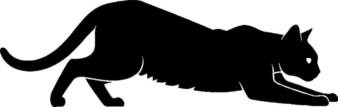 Black silhouette of a domestic cat stretching its body