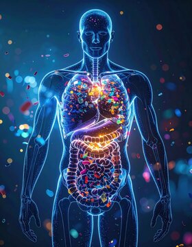 A digital illustration of the human digestive and respiratory systems with colorful microbiota interacting inside the body.