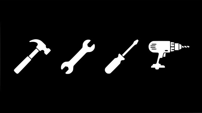 Animated repair tools glyph icon set with hammer wrench screwdriver and drill on dark background