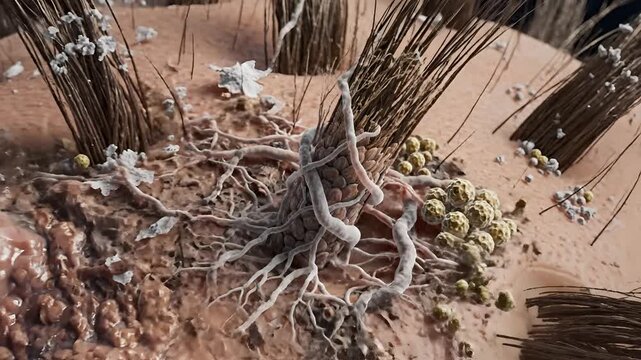 Microscopic view of skin fungus and hair follicles with root system.