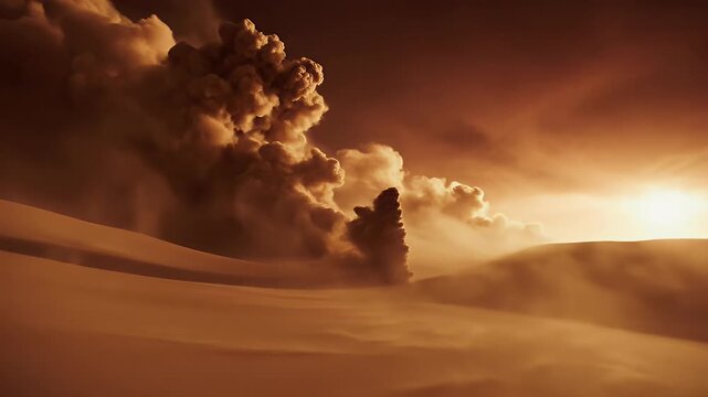 Fiery volcanic eruption expels dark smoke and ash into a hazy, sunlit sky