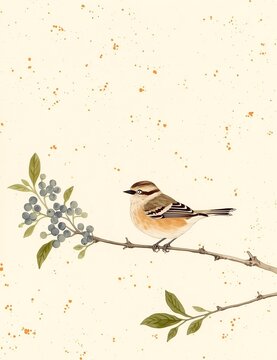 Light cream watercolor orange brown speckles small plump bird light brown white underside striped head wings left facing on horizontal branch left branch green leaves bluish green berries another bran