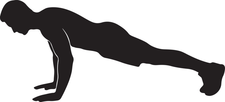 Man silhouette performing push-up during morning exercise against bright sunrise backdrop symbolizing fitness dedication