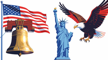 Iconic American symbols including the US flag, Liberty Bell, Statue of Liberty, and bald eagle, representing freedom and patriotism. © Pitu