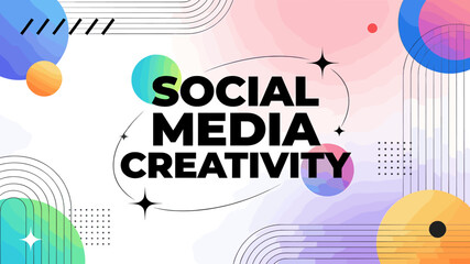 Vibrant abstract background with colorful circles and lines, promoting social media creativity with bold text. © Pitu